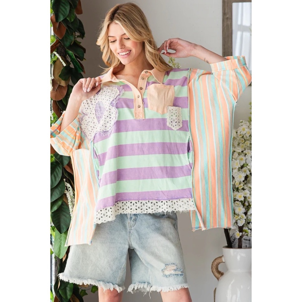 Oli & Hali Mixed Striped Flower Patched Oversized Polo in Orange Mint - Picture 7 of 8